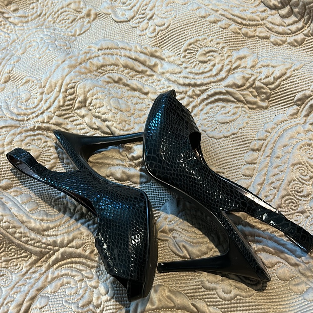 Black Embossed Python Textured Slingback Peeptoe … - image 5